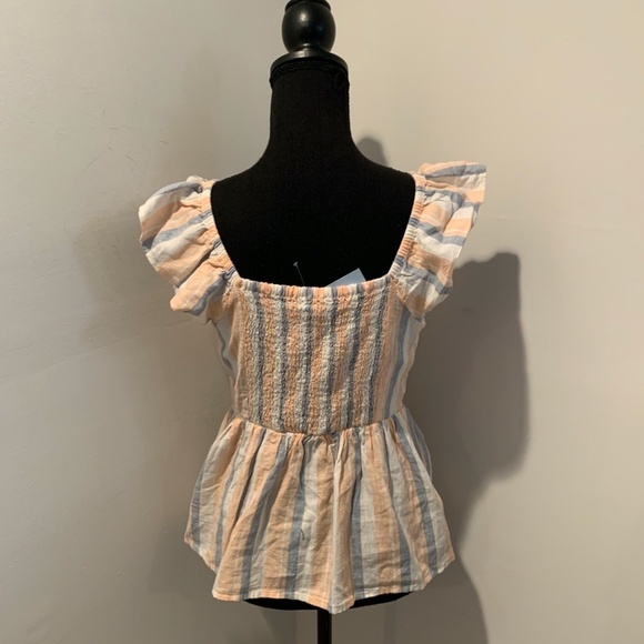 Loft Linen Blend Ruffle Sleeve Striped Blouse XSP NWT - Picture 3 of 6